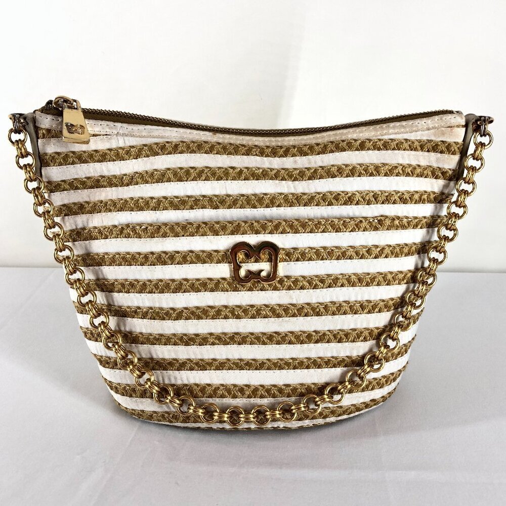 Eric Javits New York Tan And White With Gold Tone Chain Strap Purse